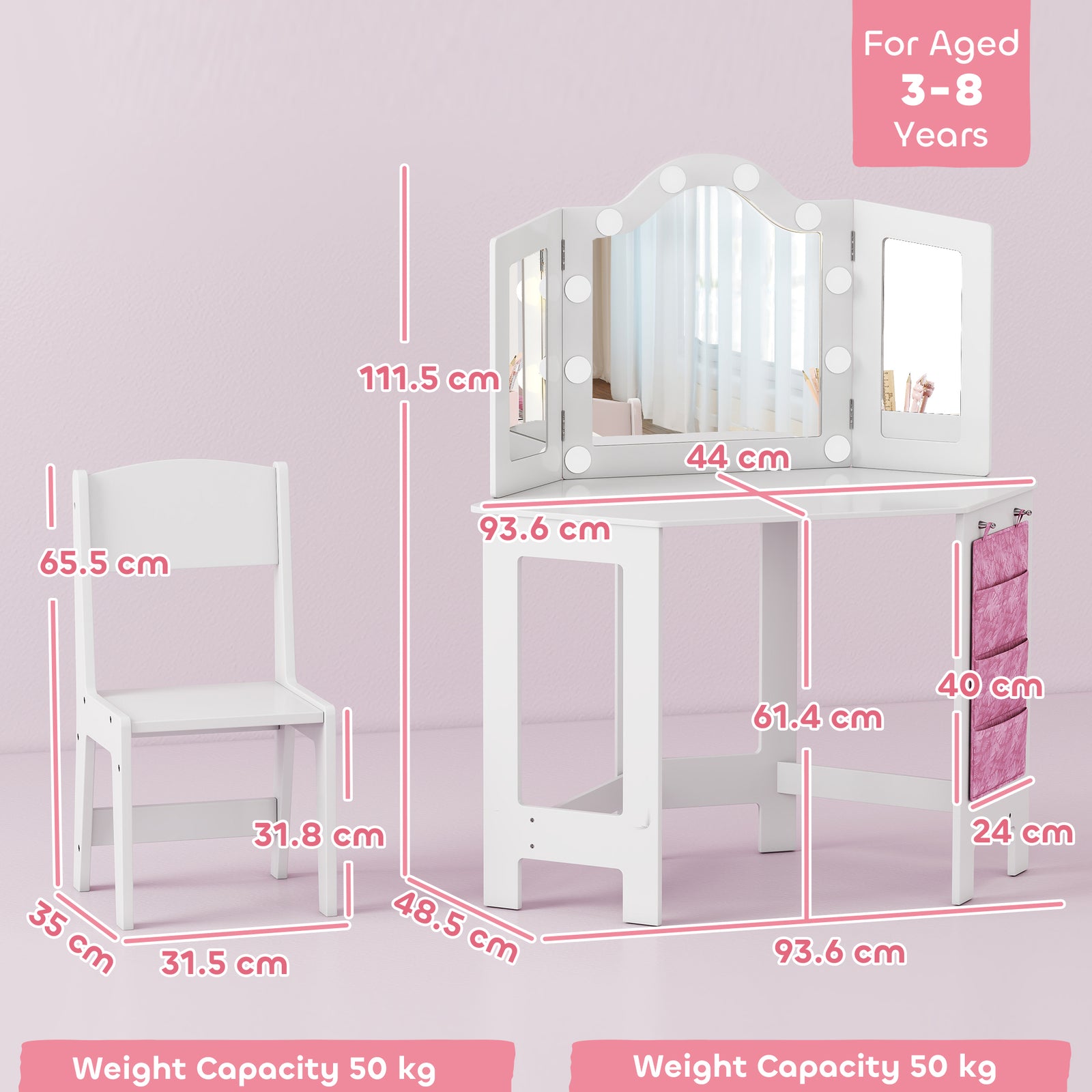 Kids Vanity Table And Stool With Lights, Tri-folding Mirror, White
