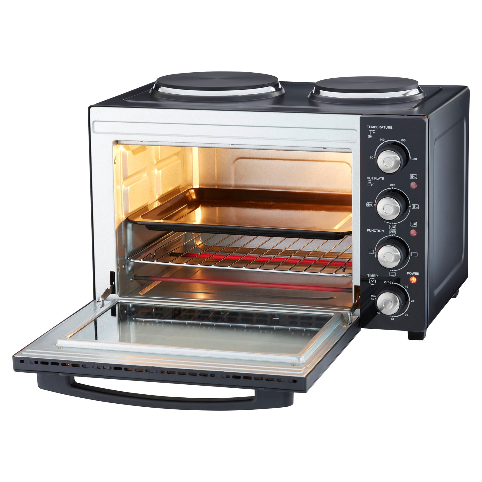 34l Mini Oven Hob Cooker Grill With Electric Hob Double Hotplate Tabletop Black
