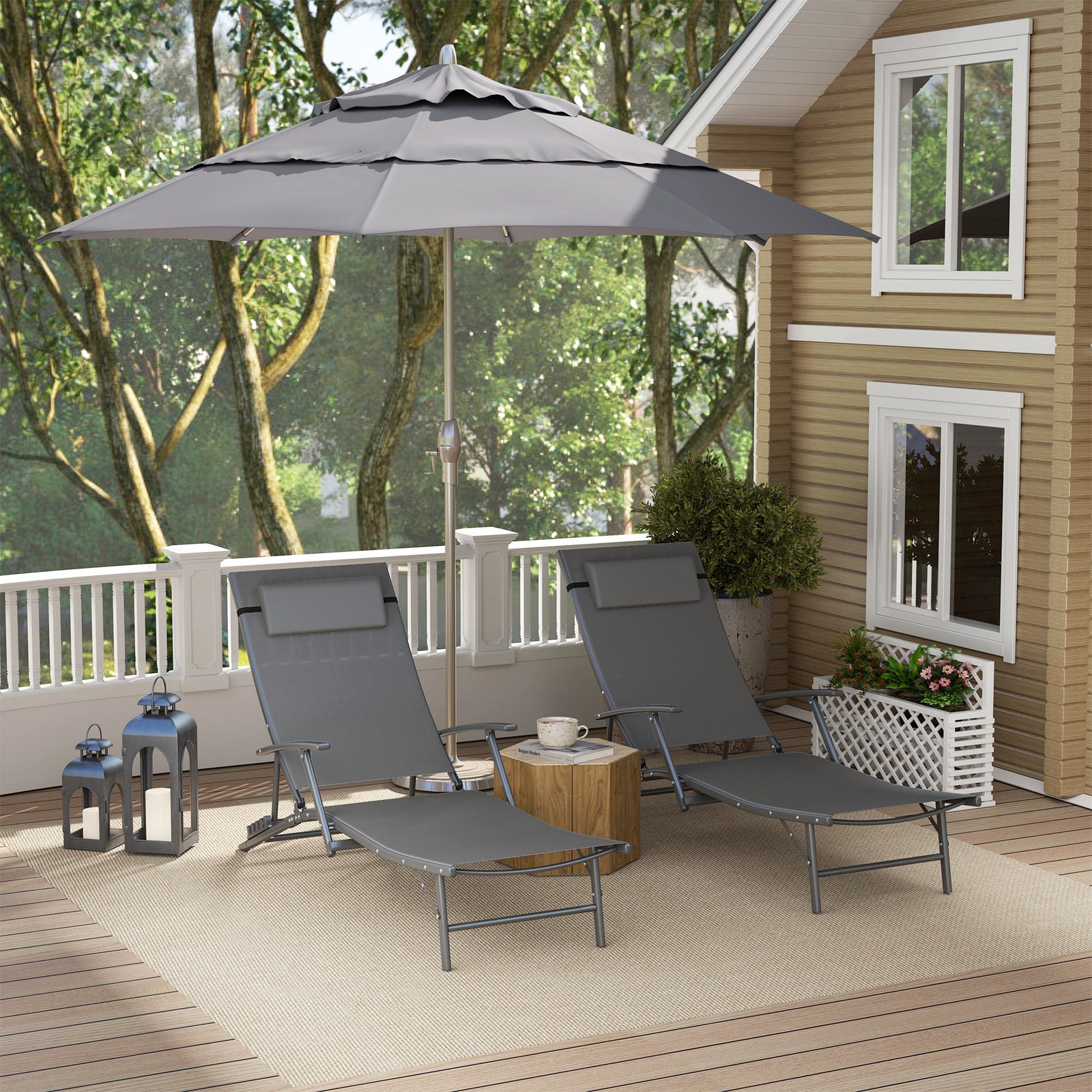 Set Of 2 Garden Sun Loungers, Folding Chaise Lounge Chairs | Gray