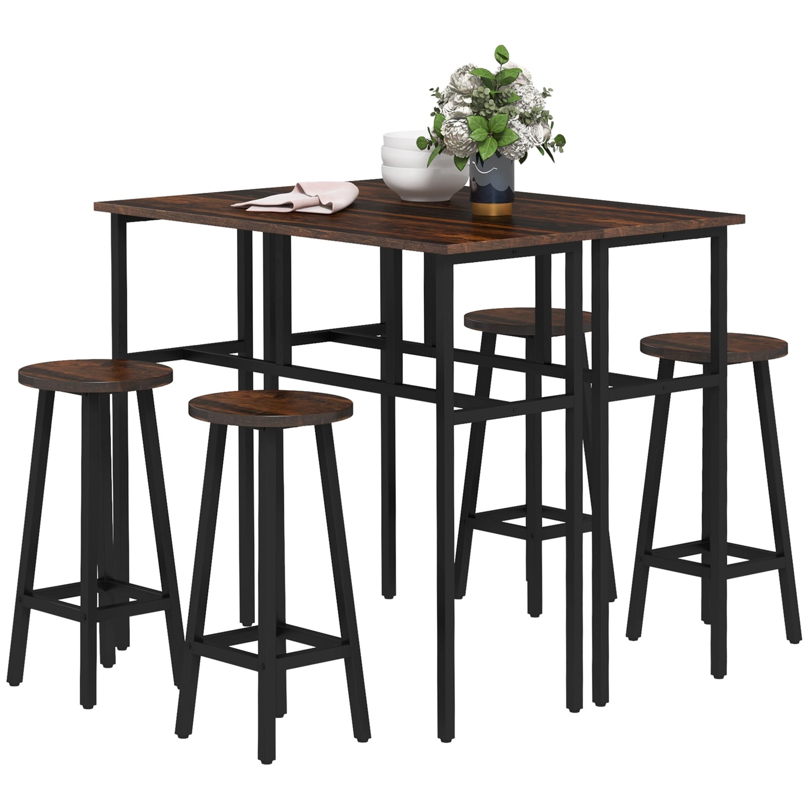 6 Piece Industrial Bar Table Set 2 Breakfast Tables | Brown