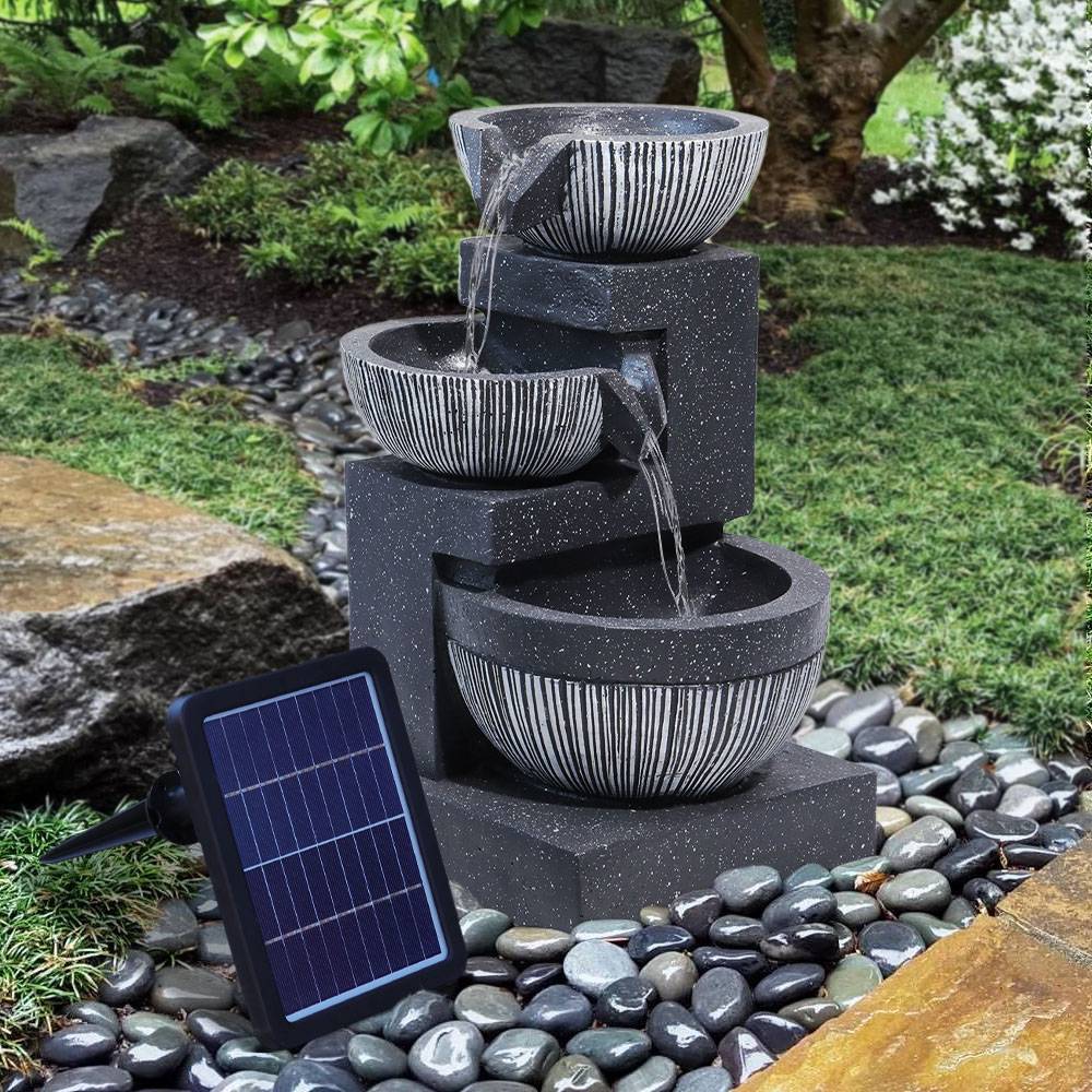 Outdoor Water Fountain Rockery Decoration 3 Tier Bowls Solar Powered