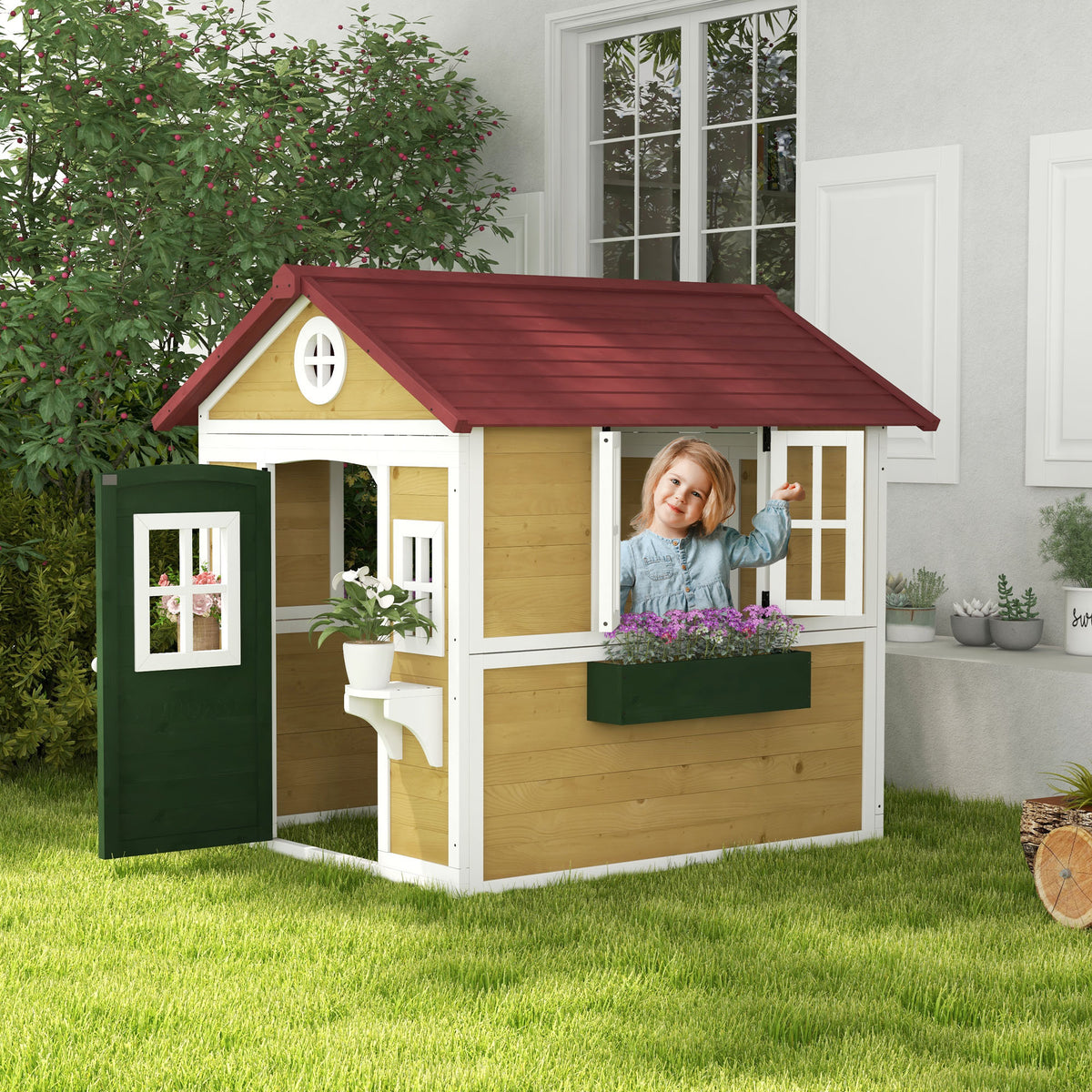 Wooden Playhouse With Doors, Windows, Plant Pots For Kids | Beige