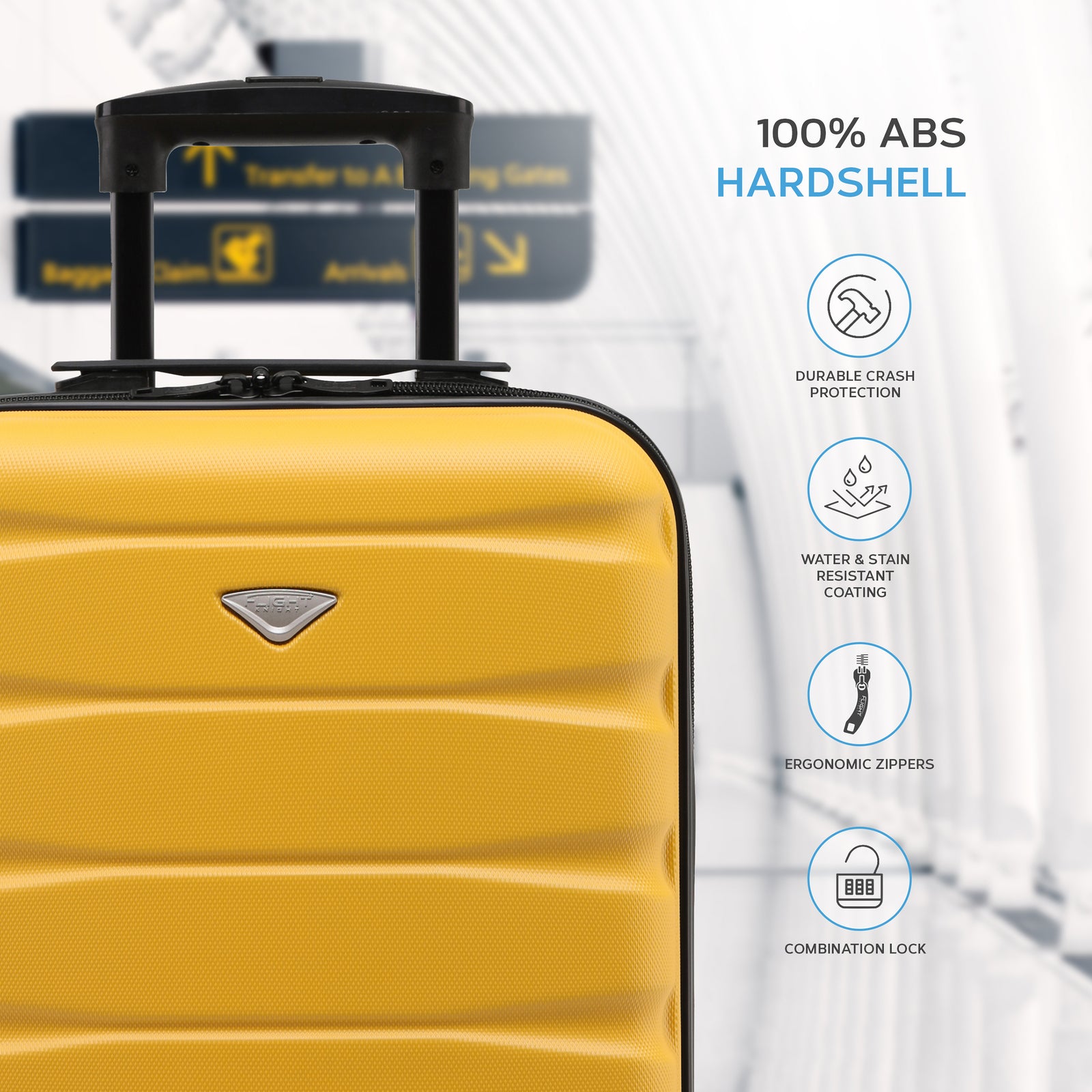 55x35x20cm Cabin Carry On Suitcase Hard Shell Overhead Luggage 100+ Airlines Approved | Cabin | Yellow & Black