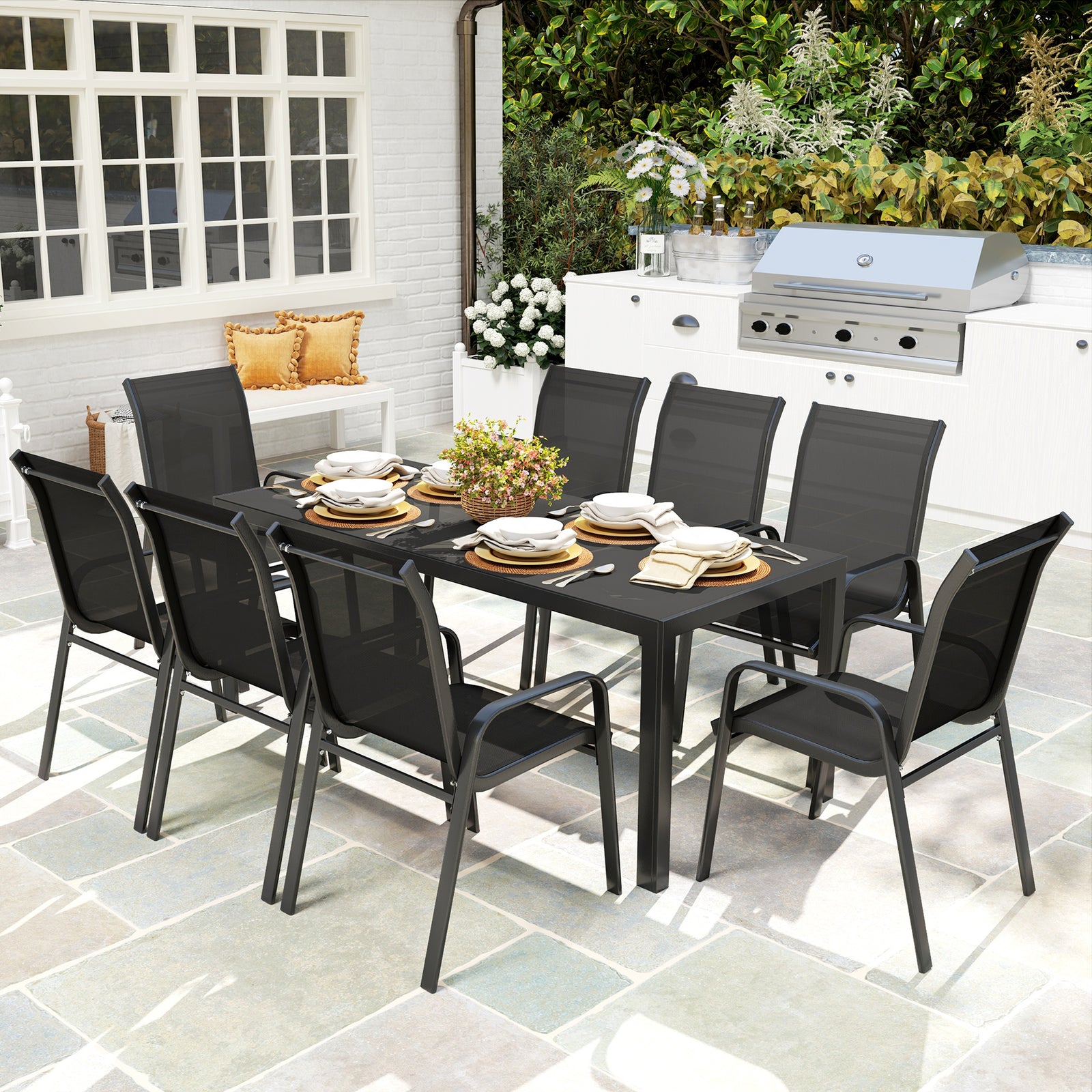 9 Pieces Patio Dining Set With Stackable Chairs | Black