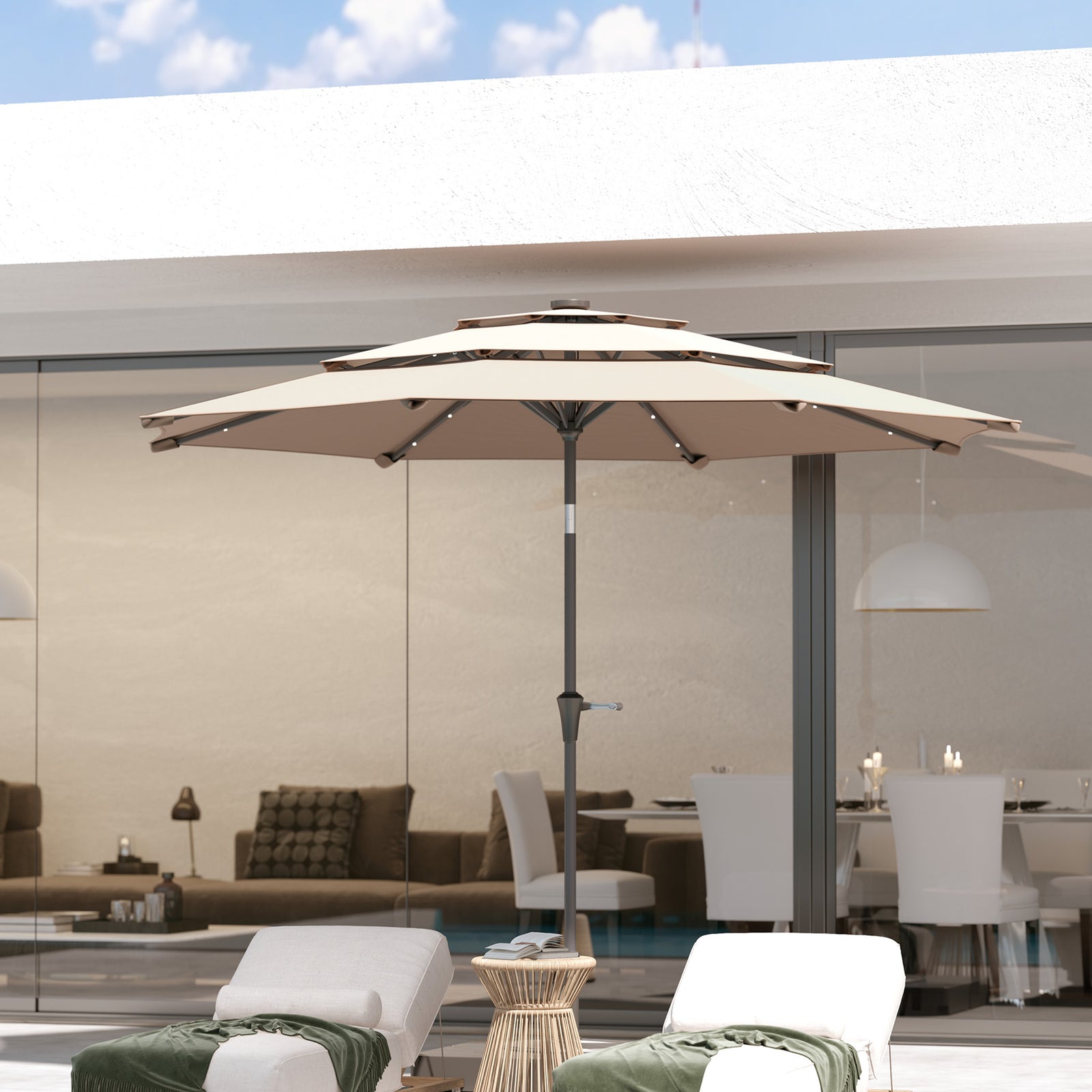 3-tier Garden Parasol W/ Solar Led Lights, Tilt, Crank | Khaki