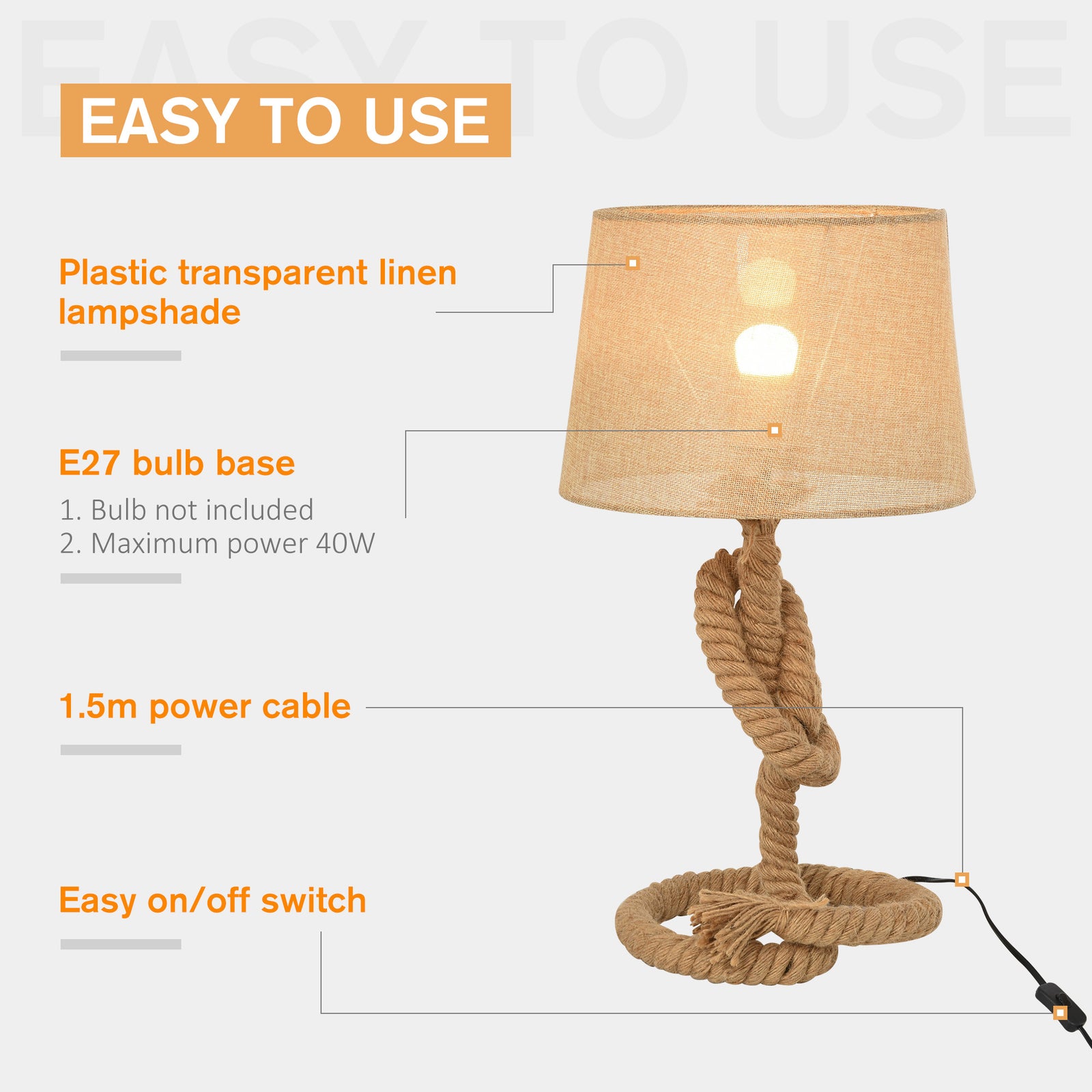 Nautical Style Rope-base Table Lamp W/ Fabric Lampshade