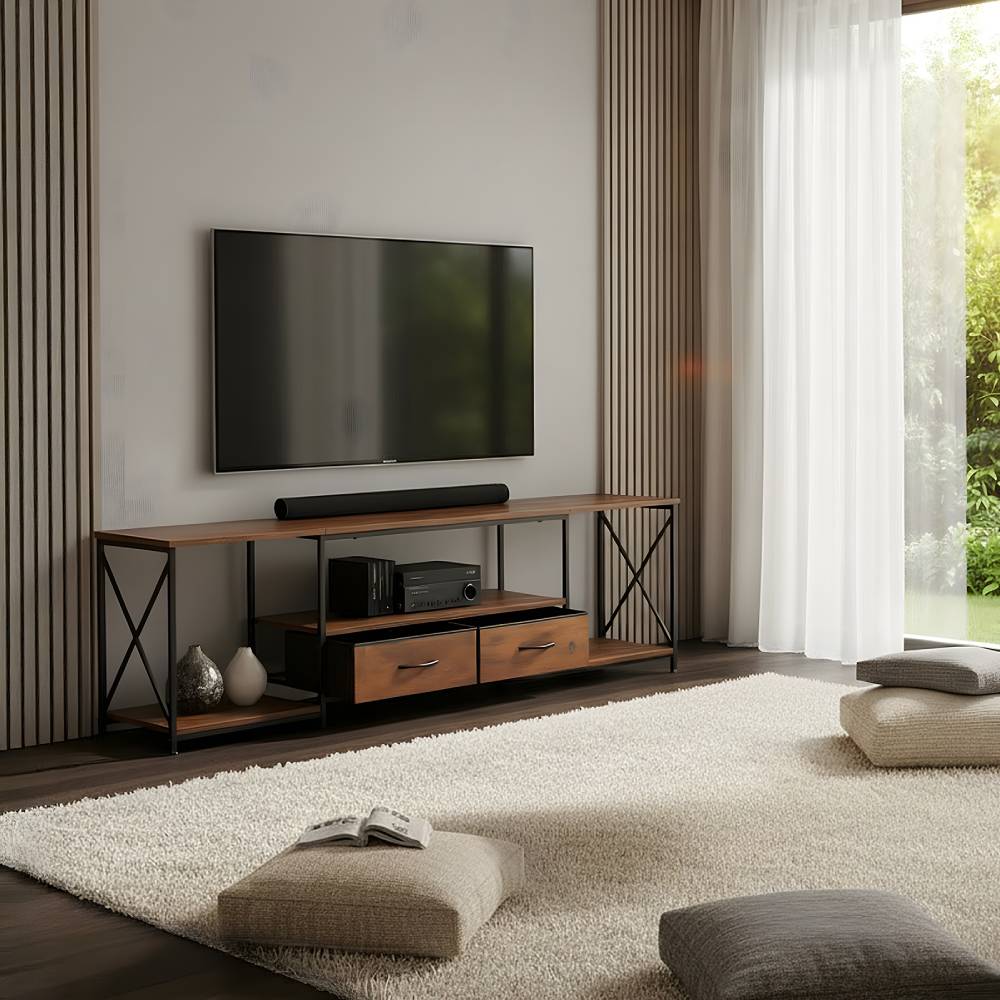 Modern Tv Stand With Fabric Drawers, Spacious Storage Entertainment Center | Brown