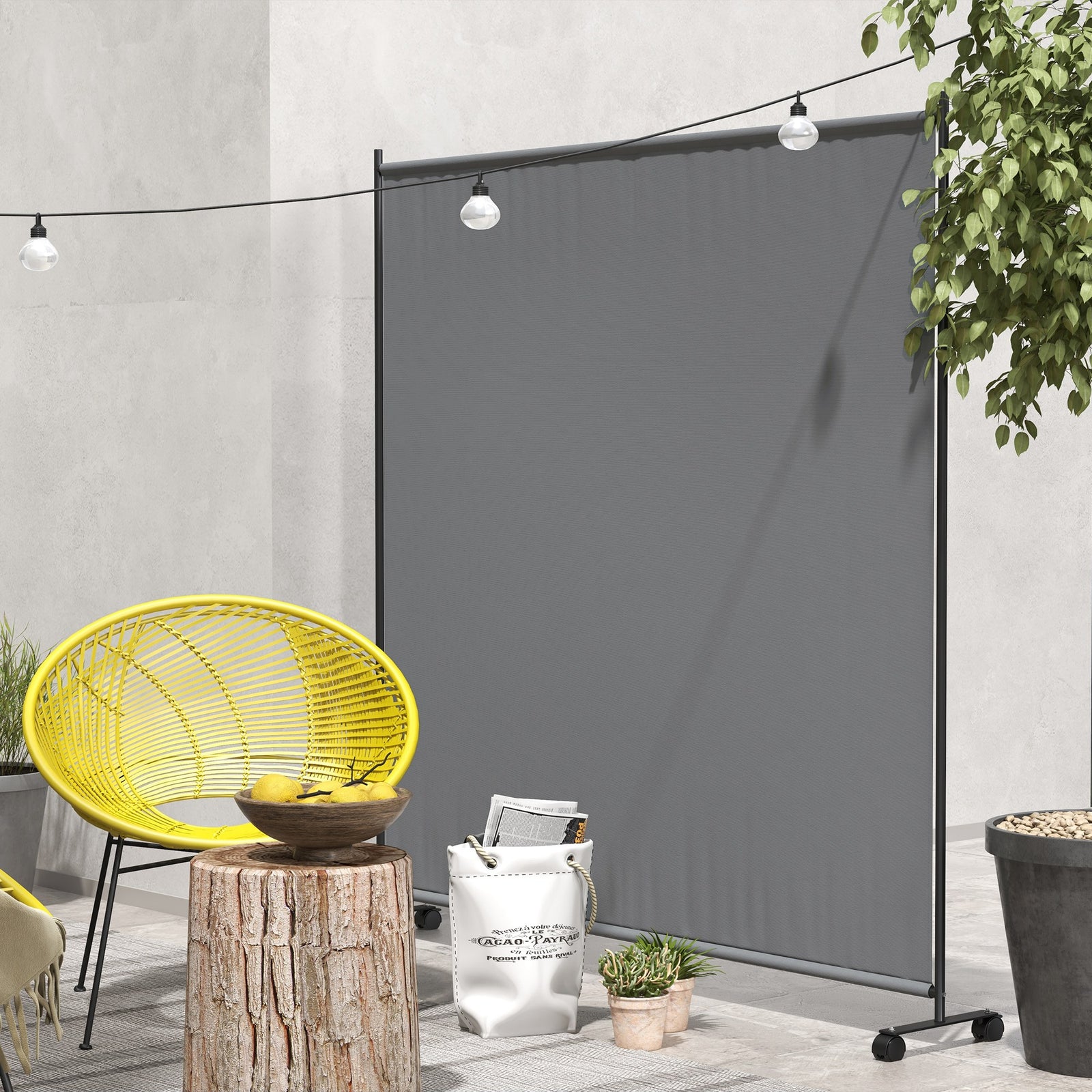 6ft Metal Garden Screen Divider W/ Wheels, Grey