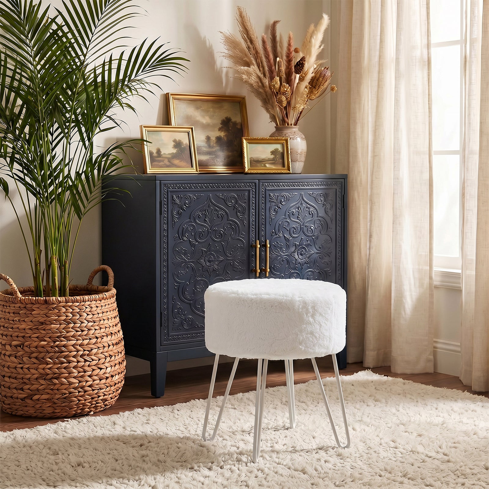 Breeins White Round Plush Vanity Stool With Metal Legs