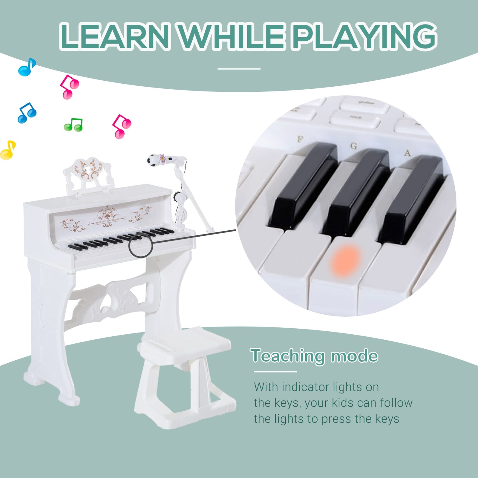 37 Key Keyboard Battery Piano Kids Microphone Stool Educational Game | White