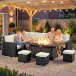 7 Pieces Rattan Garden Furniture Set W/ 50,000 Btu Fire Pit Table | Cream