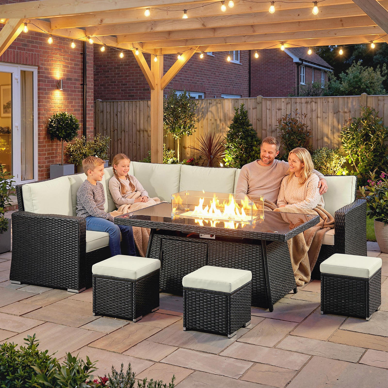 7 Pieces Rattan Garden Furniture Set W/ 50,000 Btu Fire Pit Table | Cream