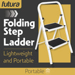 2 Step Ladder, Heavy-duty Steel Folding Home Diy Step Stool With Wide Non-slip Steps & Anti Slip Feet 150kg Capacity | 2 Step | White