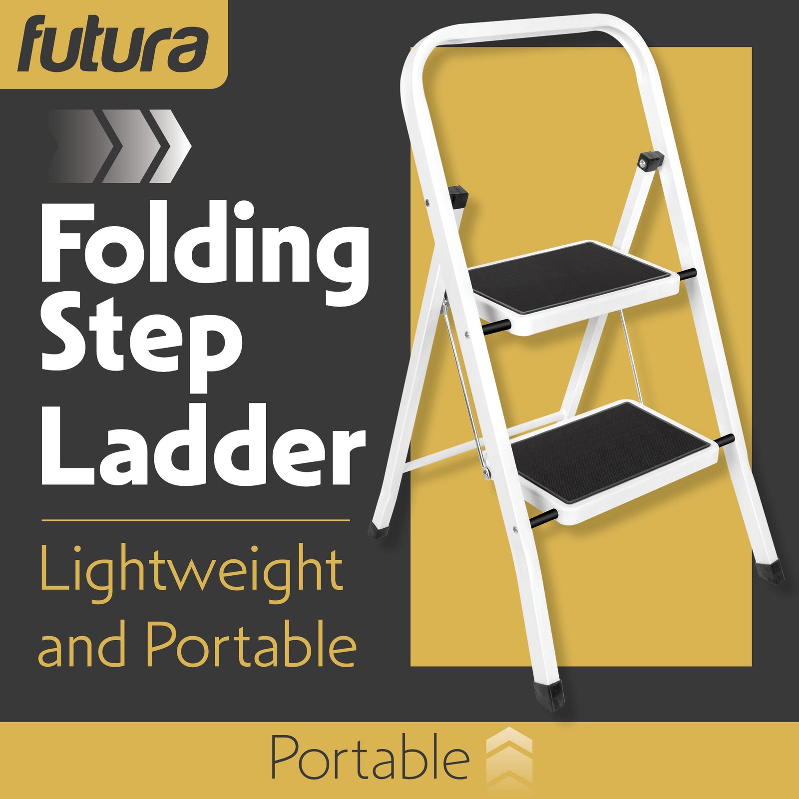 2 Step Ladder, Heavy-duty Steel Folding Home Diy Step Stool With Wide Non-slip Steps & Anti Slip Feet 150kg Capacity | 2 Step | White