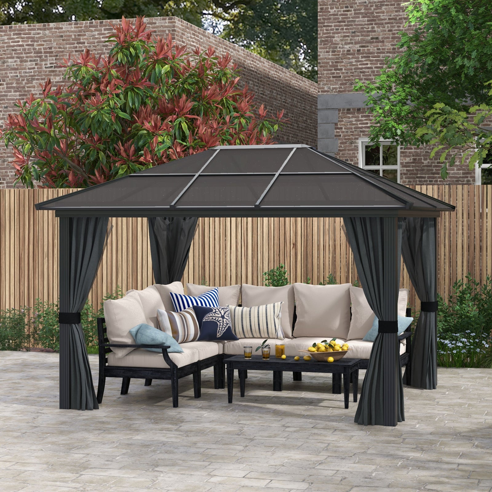 Hardtop Gazebo Canopy With Mosquito Netting And Curtains | Medium | Black