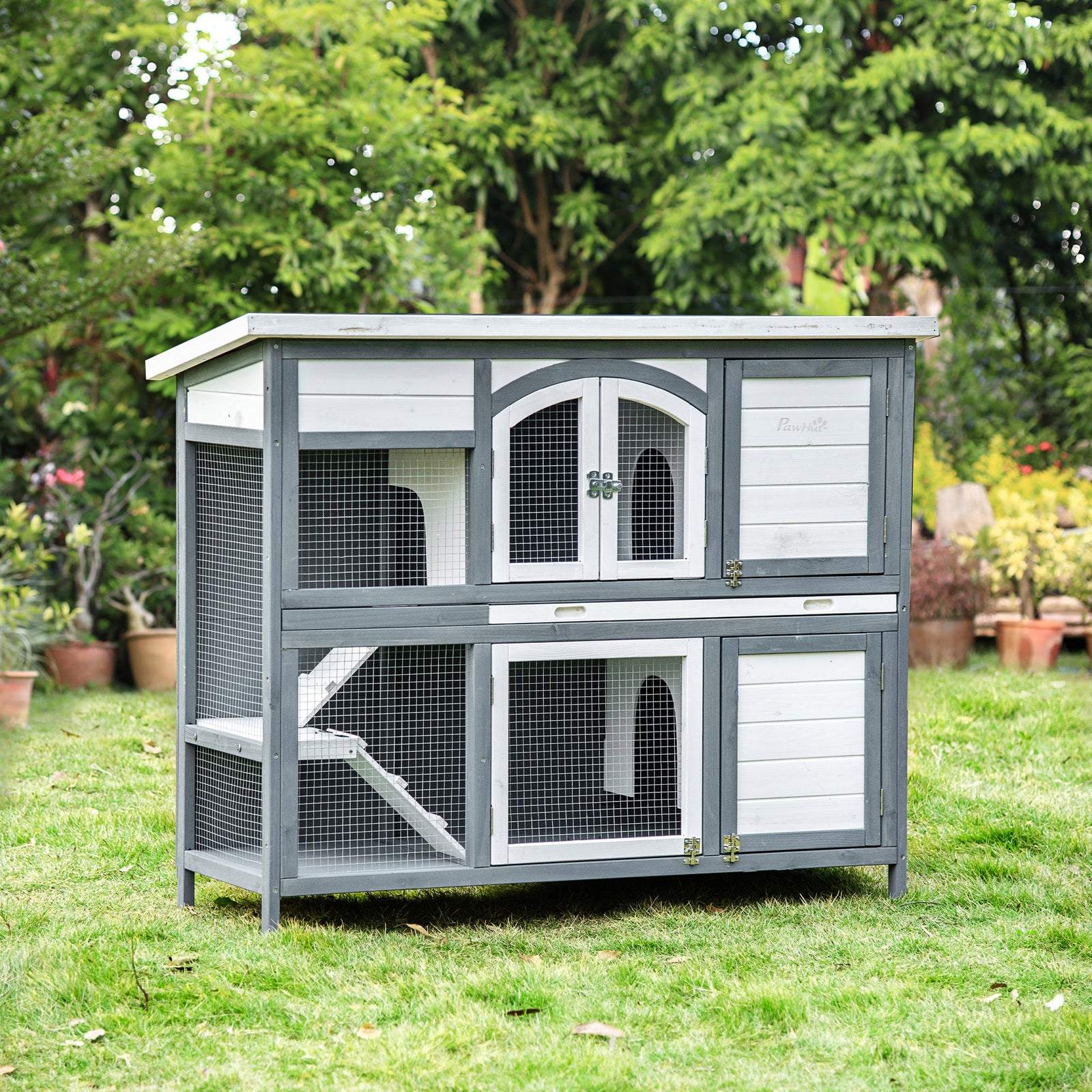Two-tier Wooden Rabbit Hutch W/ Openable Roof, Slide-out Tray, Ramp | Gray