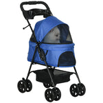 Pet Stroller Foldable Travel Carriage With Brake Basket Canopy | Blue