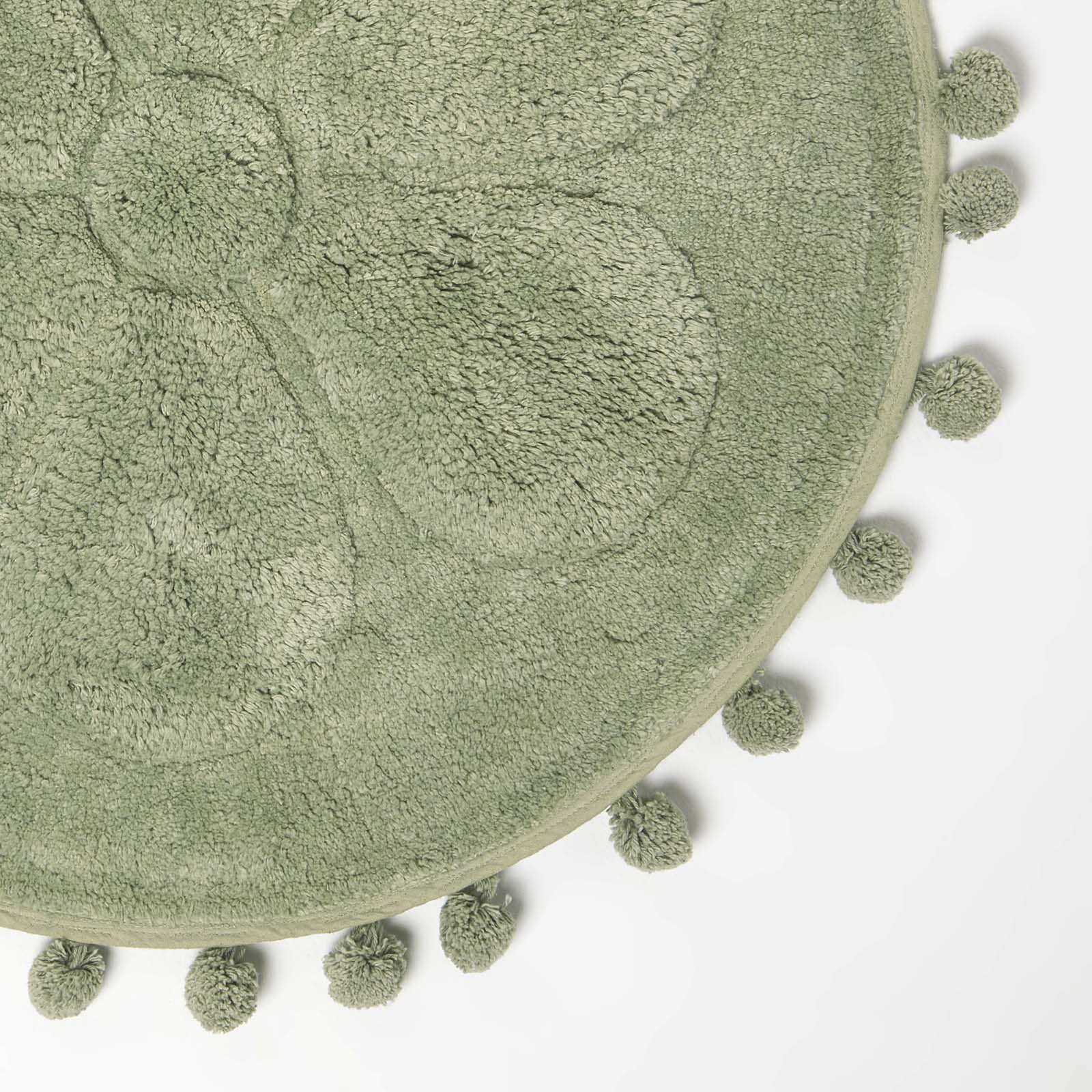 Floral Tufted Round Bathmat With Pom Poms | 60cm | Sage Green