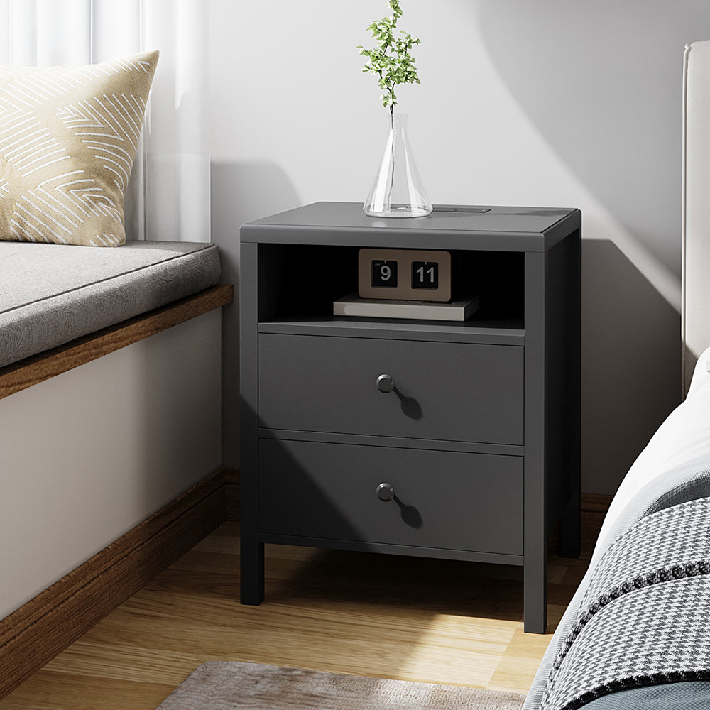 Bedside Tables With Charging Station & Drawers | Set of 2 | Black