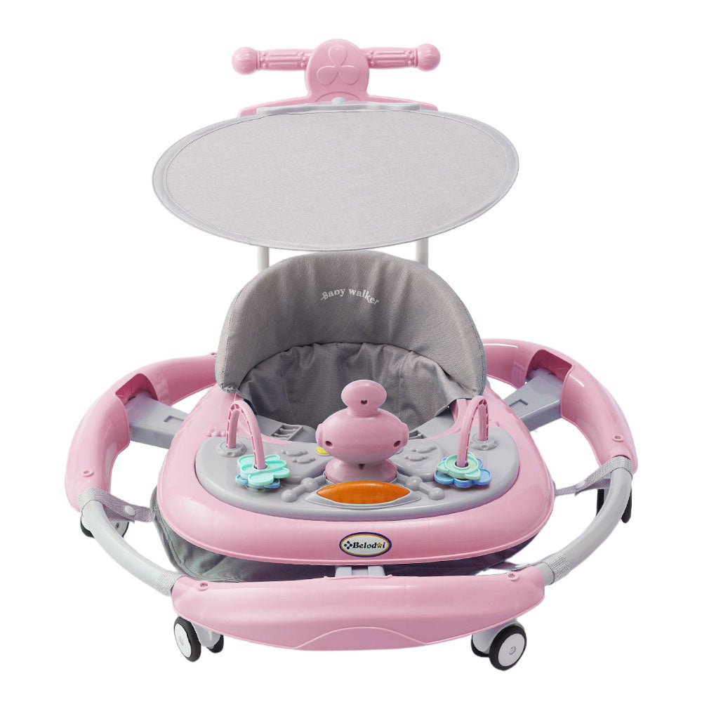 Adjustable Baby Walker With Sunshade, Foldable Walker, Multifunctional Baby Walker, Feeding Tray, Interactive Music, Toys, Wheel Safety Breaks, | Pink