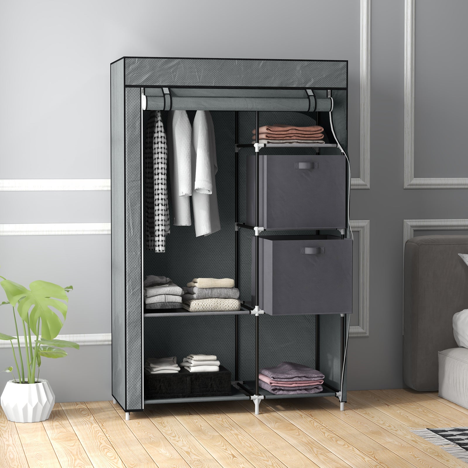Fabric Portable Wardrobe With 2 Fabric Drawers, Hanging Rail, Grey