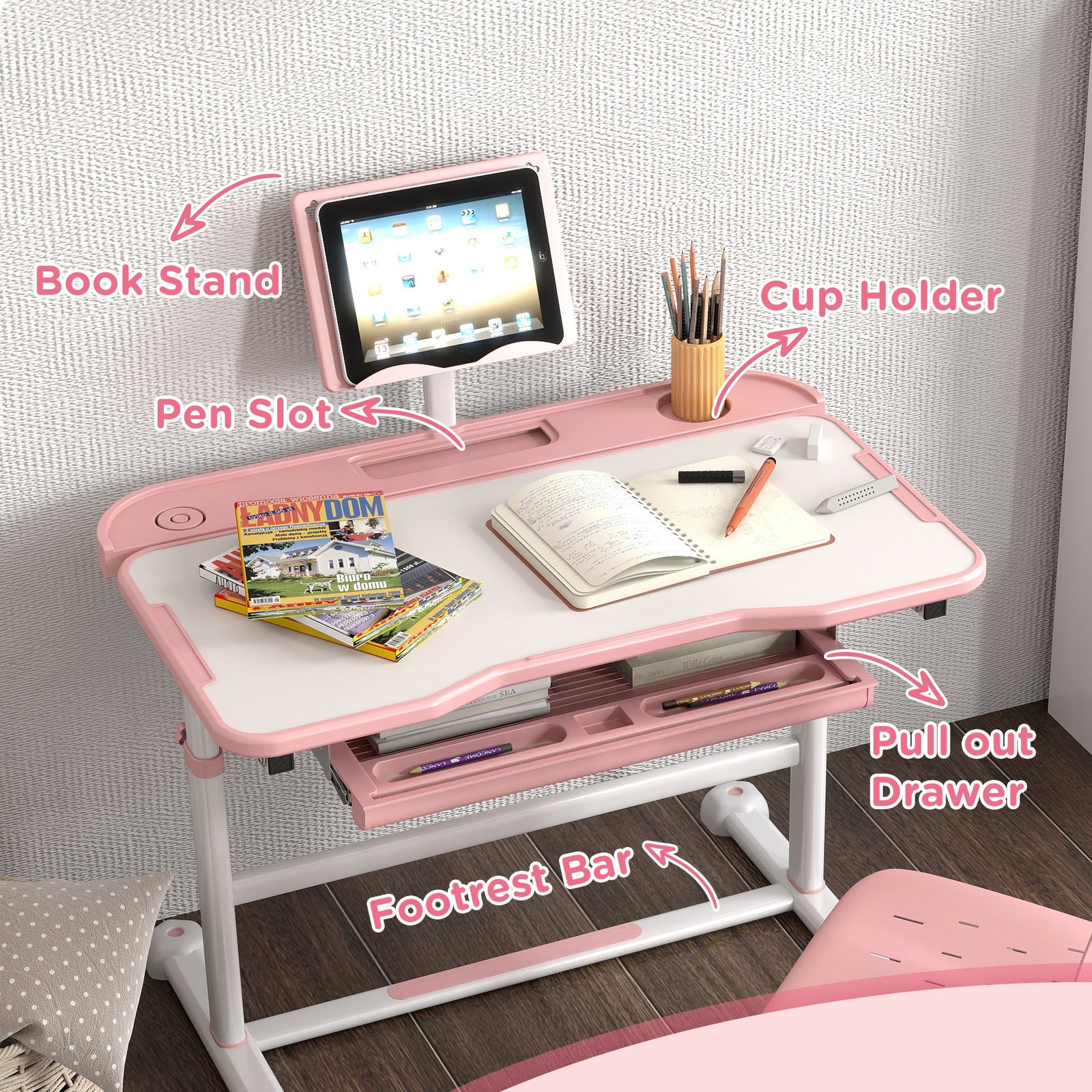 Height Adjustable Kids Desk And Chair Set W/ Tilted Desktop | Pink