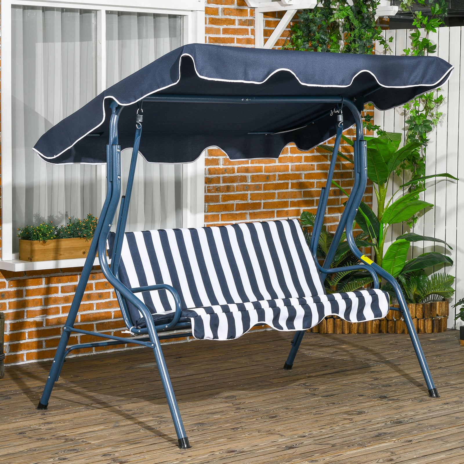 3-person Garden Swing Chair With Adjustable Canopy, Stripes | Blue
