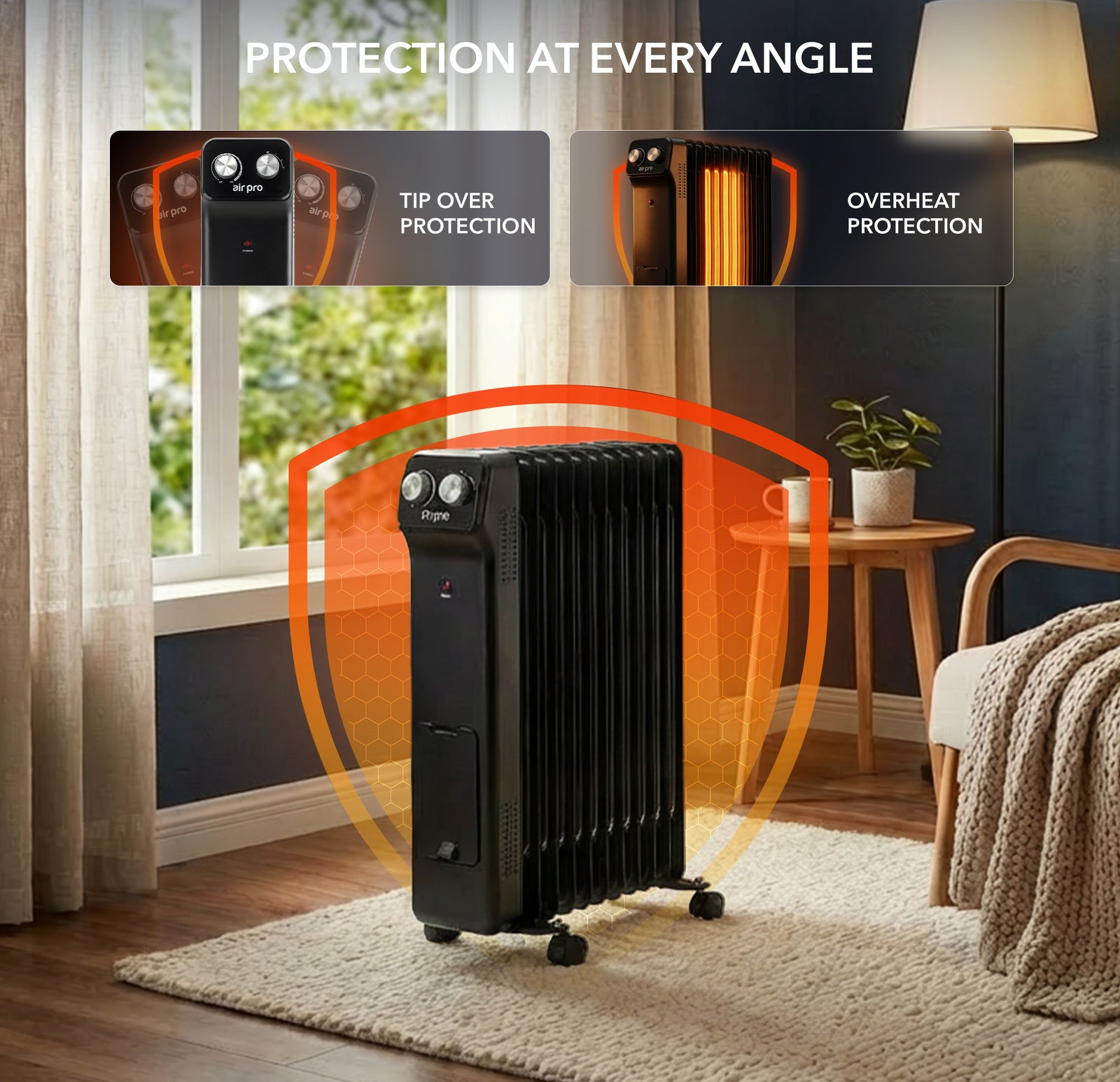 Oil-filled Electric Radiator 2500w, Adjustable Thermostat, 3 Settings | Black