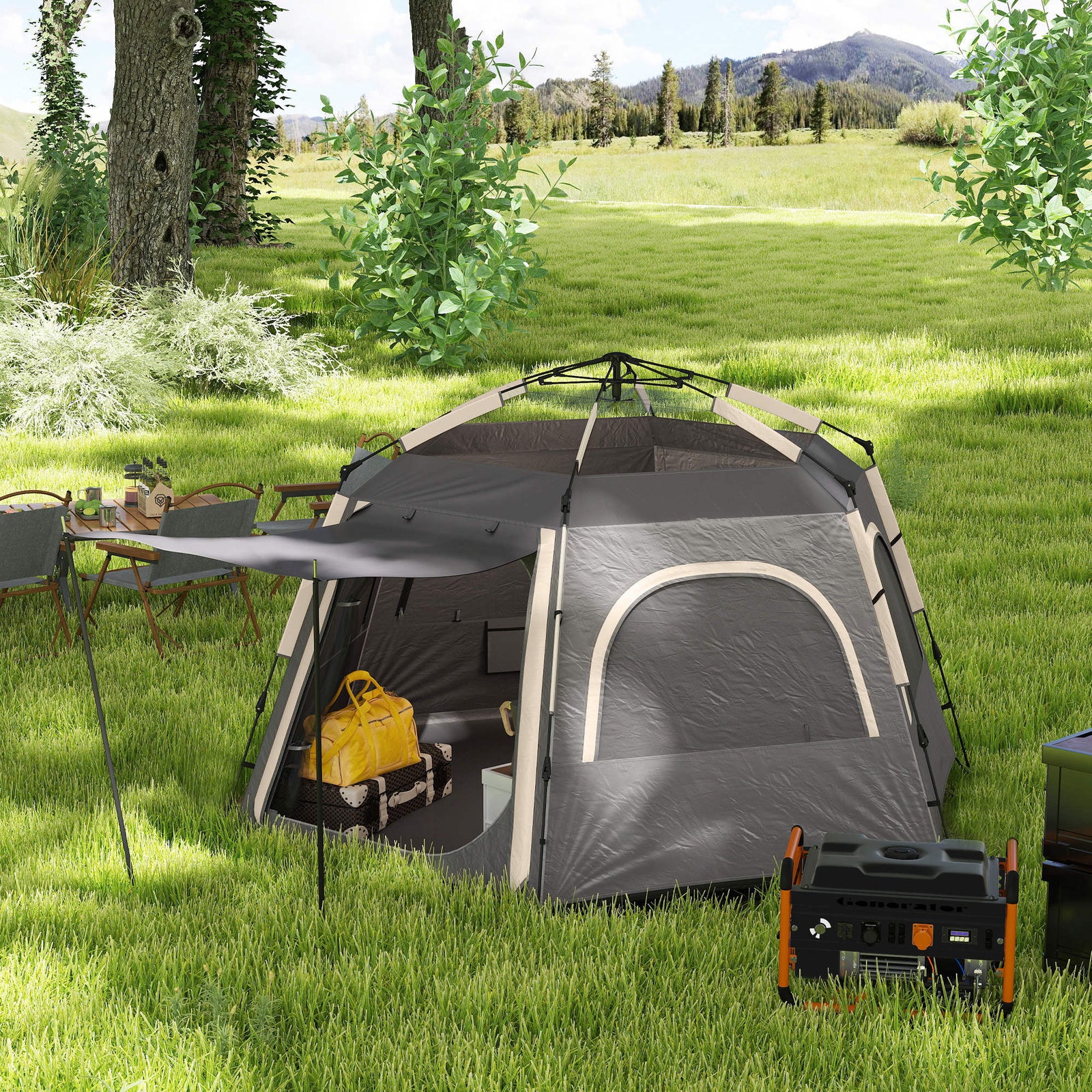 Instant 2/3/4 Person Dome Tent, Hexagonal | Dark Grey