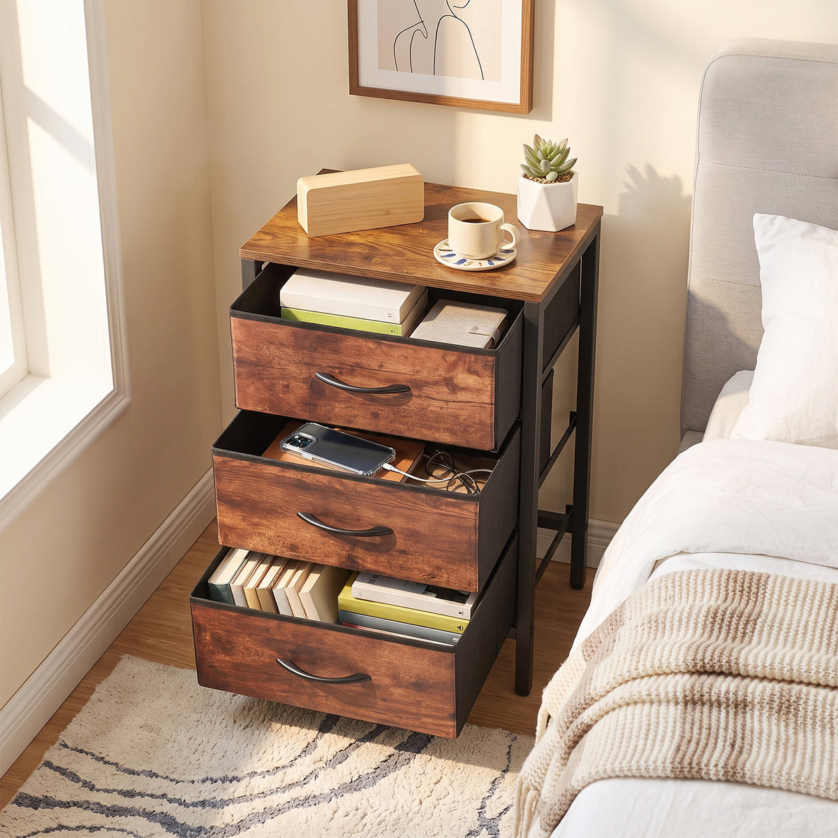 Breeins Nightstand Bedside Table With 3 Fabric Storage Drawers