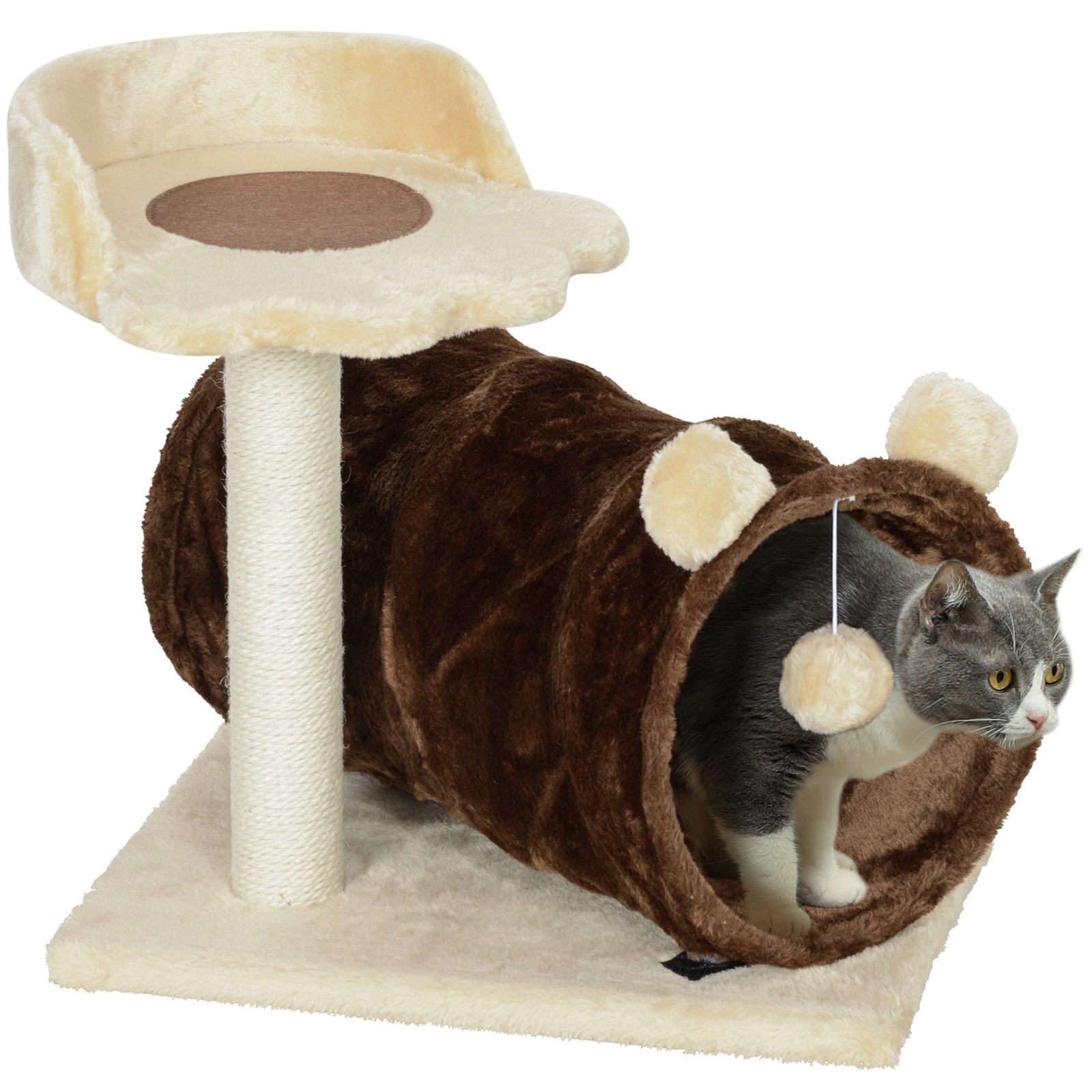 Cat Tree W/ Scratching Post, Bed, Cat Tunnel, Toy Ball | Brown
