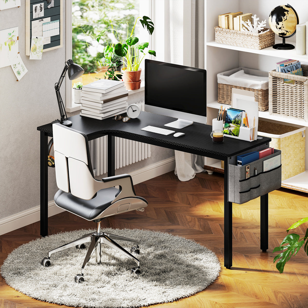 HOMCOM L-shaped Corner Desk Computer With Fabric Bag And Hooks, Black