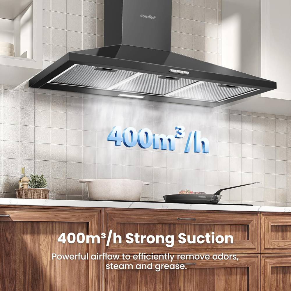 Black 90cm Wall-mounted 3-speed Chimney Range Hood Cooker Extractor
