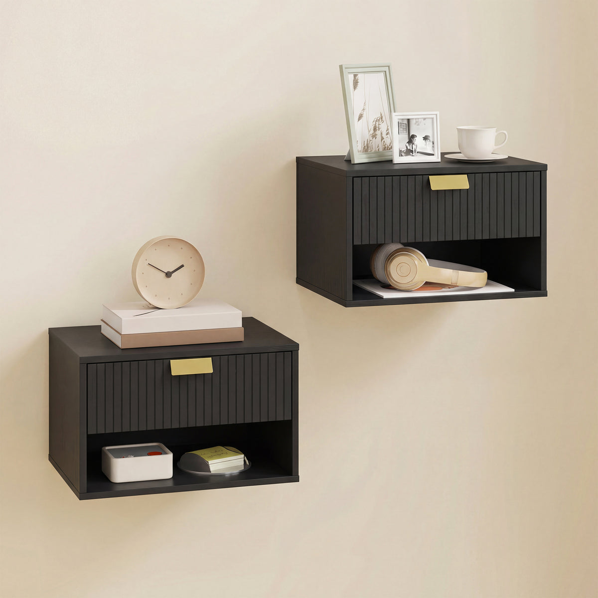 HOMCOM Floating Bedside Tables Set Of 2 With Fluted Drawer Open Shelf
