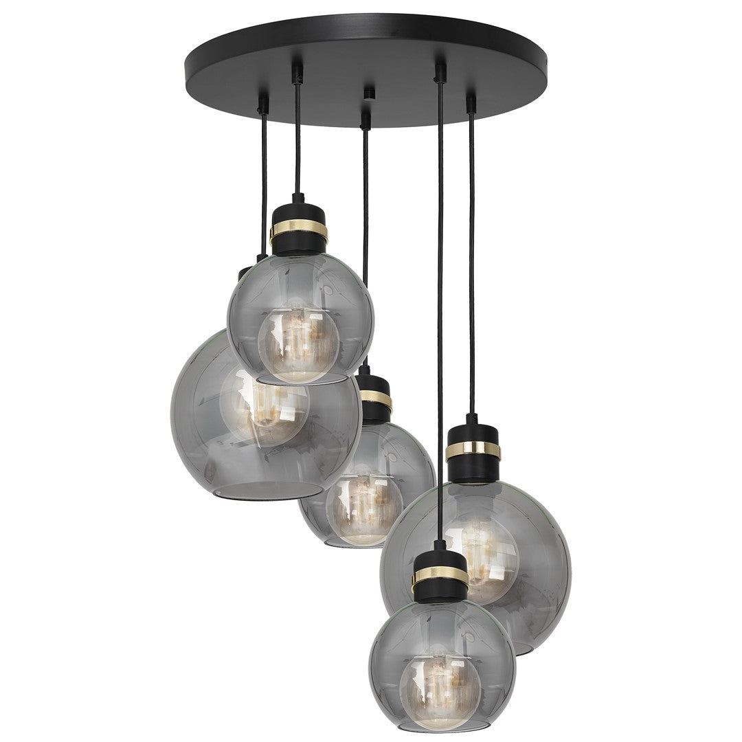 Omega Black/gold Pendant Lamp 5xe27 With Elegant Smoked Glass Spheres Quality Matt Black Fittings With Gold Detail