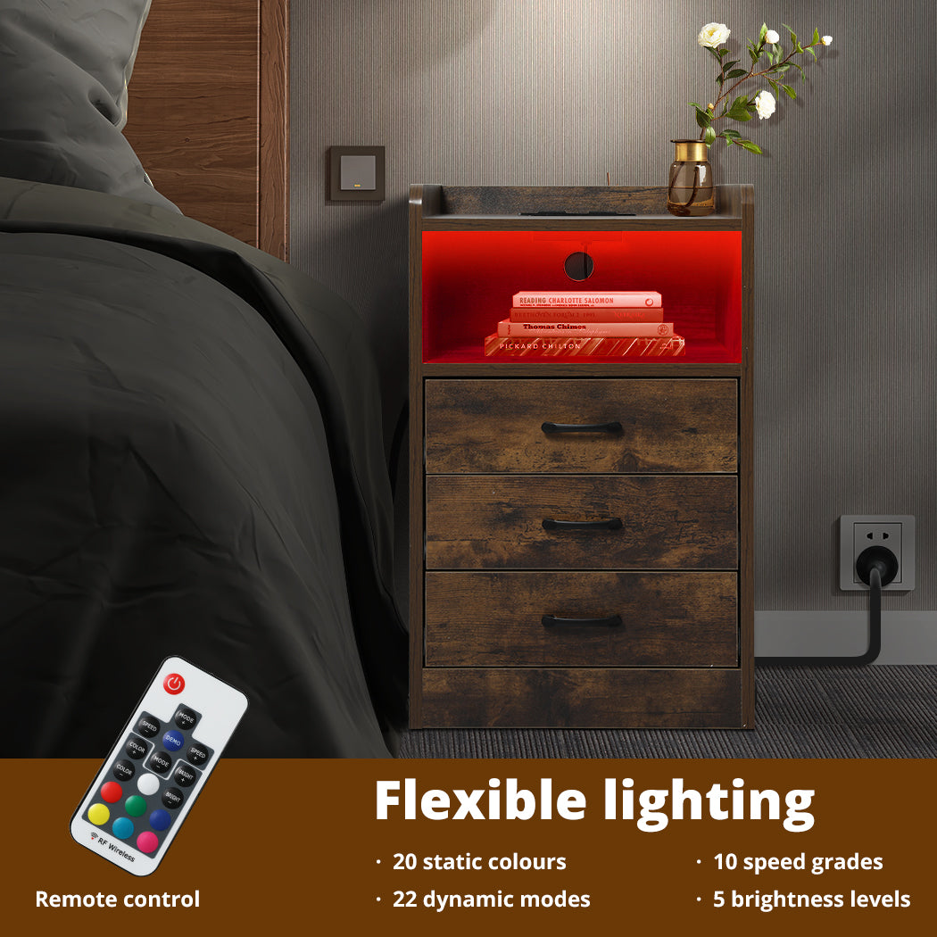 Bedside Table Nightstand Usb Charger Outlet Rgb Led 3 Drawers Oak | Oak