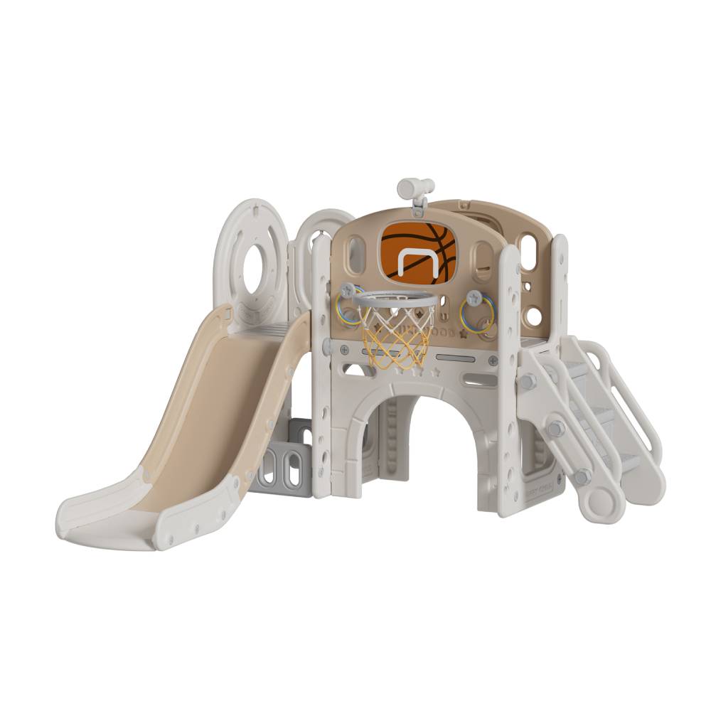Toddler Slide And Climber Playset With Basketball Hoop And Telescope Fun Outdoor Activity Center For Kids | Coffee