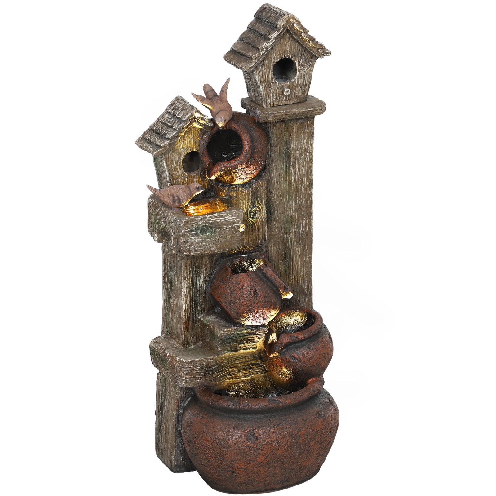2-in-1 Waterfall Fountain W/ Birdhouse, Resin Fountain
