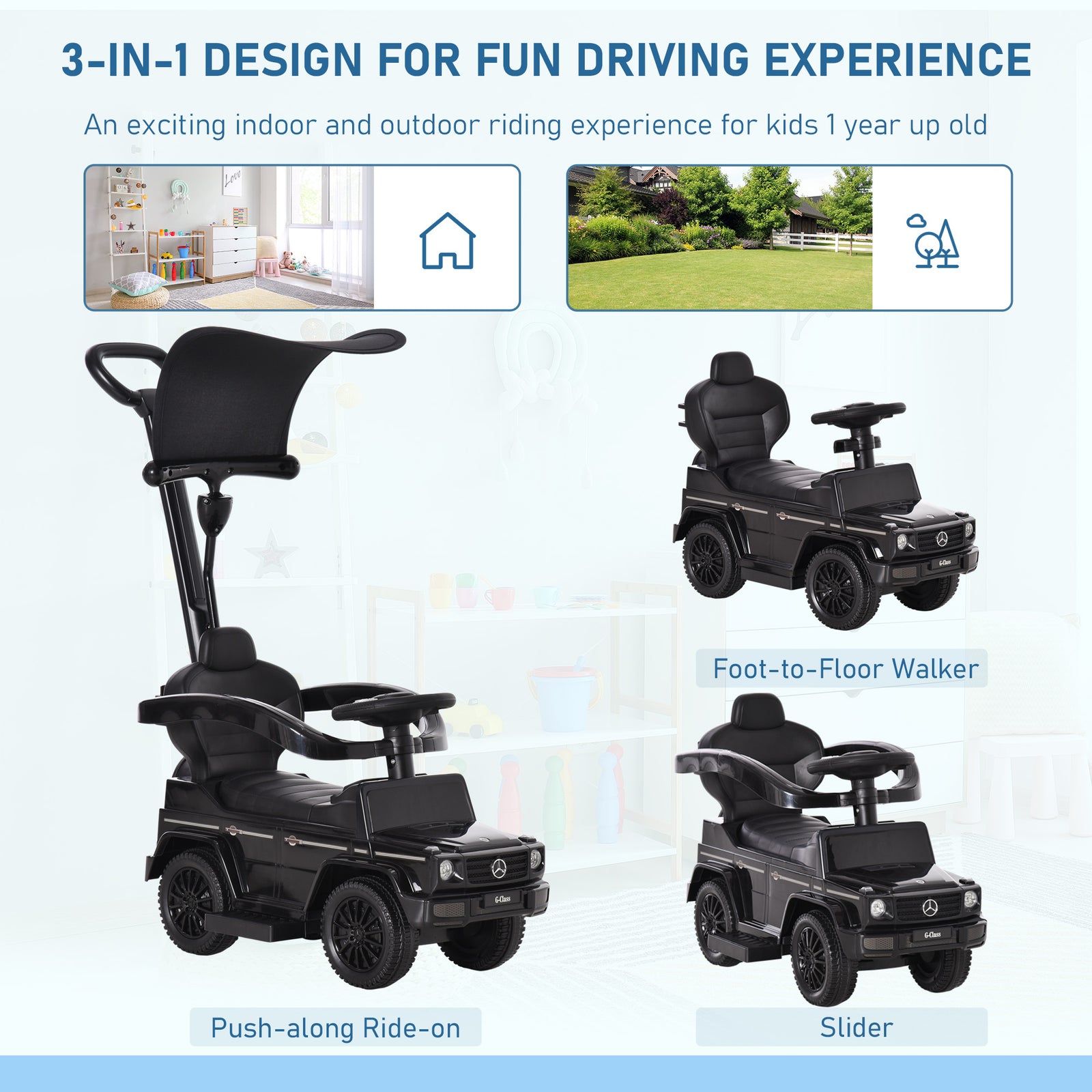Kids Ride-on Push Car 3 In 1 Benz G350 Baby Floor Slider Walker | Black