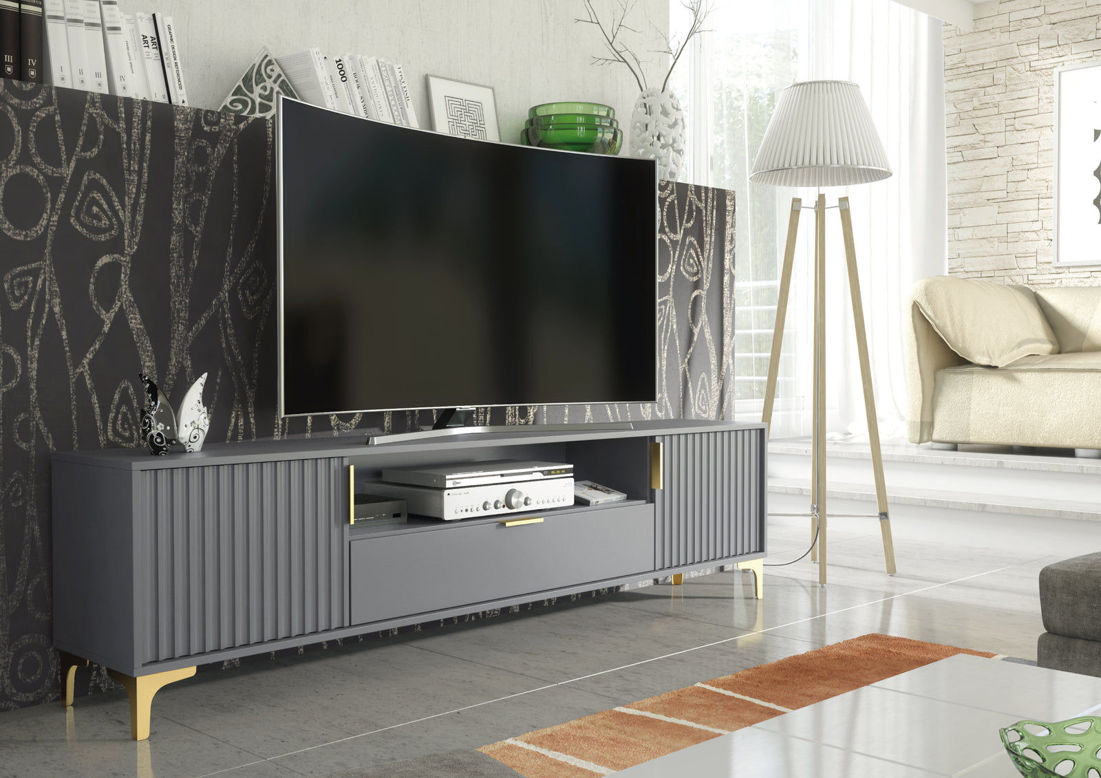Tide Crest Gold Tv Unit 200cm - Fluted Design | Dark Grey