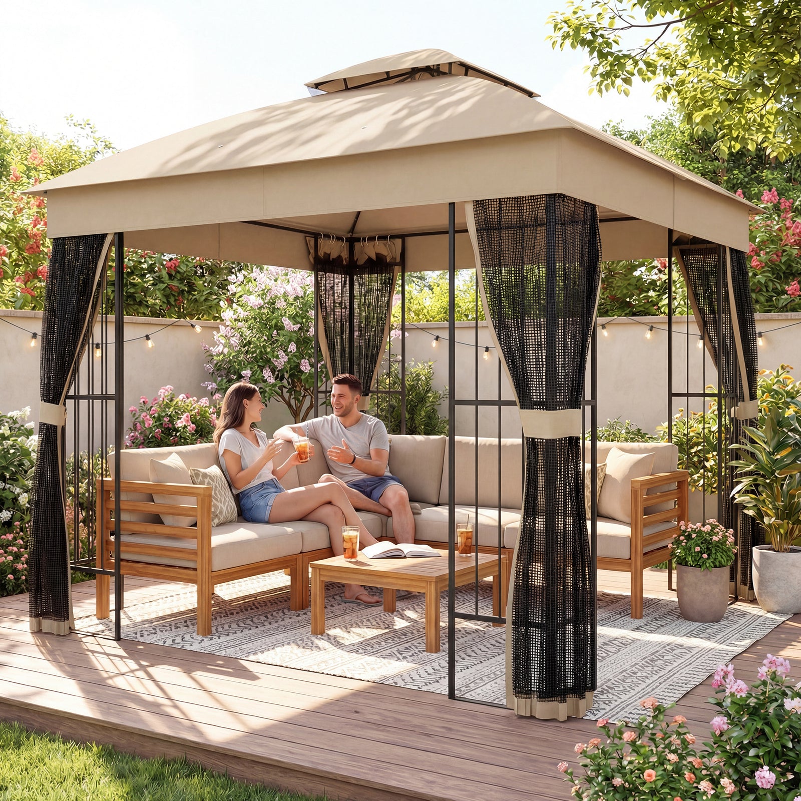 3 X 3 M Garden Gazebo With Shelves, Upf50+ Permanent Gazebo | Brown