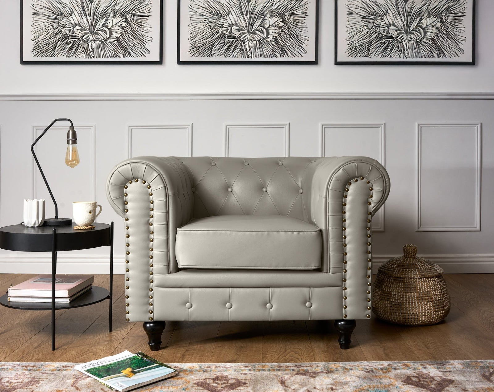Button Tufted Faux Leather Living Room Armchair | Grey