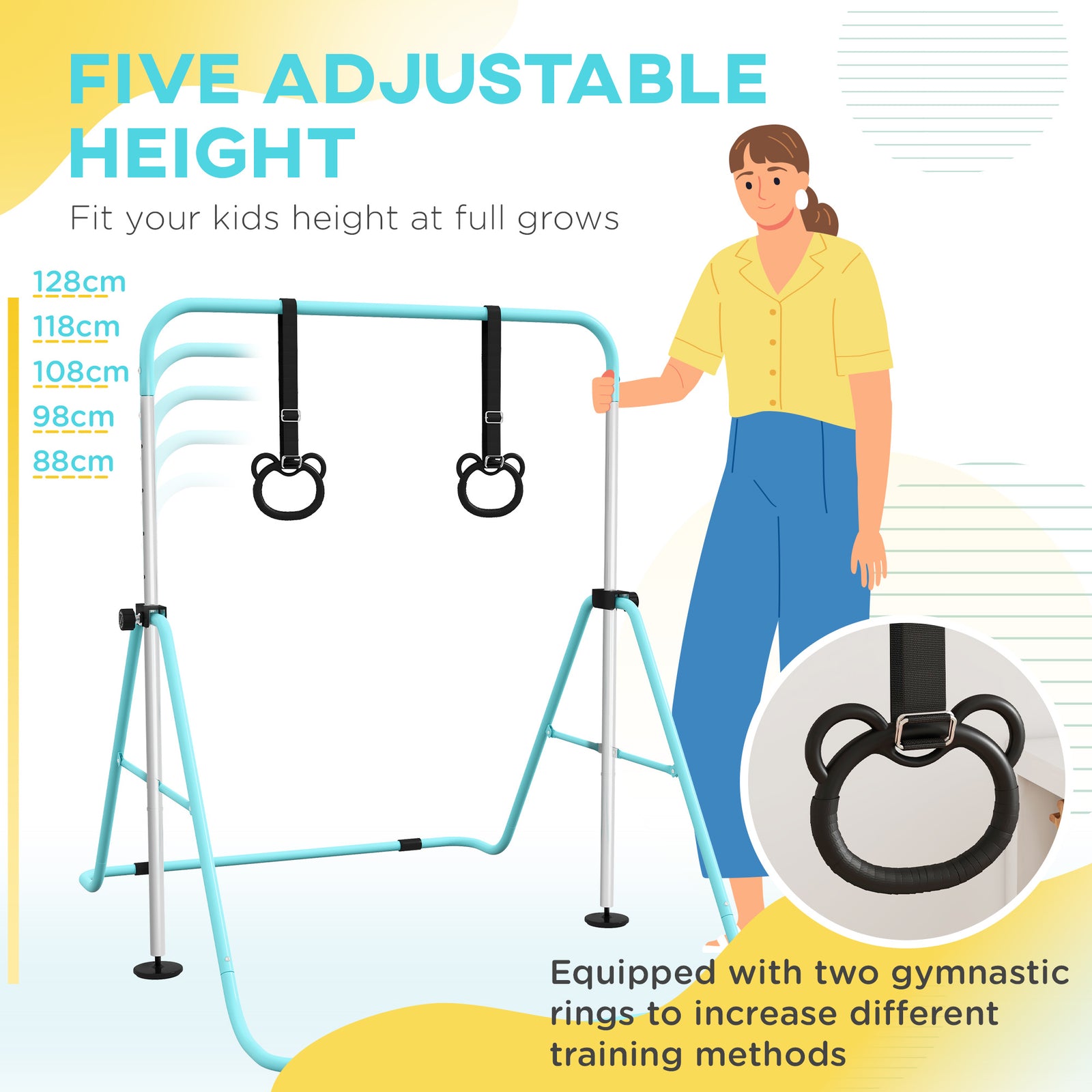 Adjustable Height Foldable Kids Gymnastics Bar With Non-slip Mats | Green