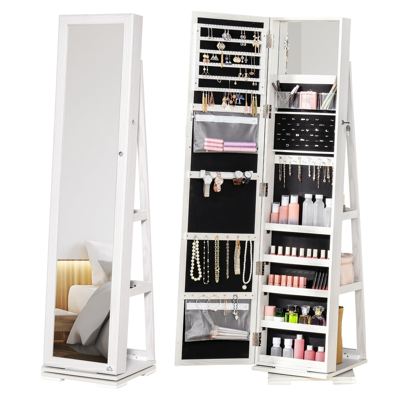 Jewelry Cabinet Full Length Mirror 360° Swivel Lockable | One Size | White