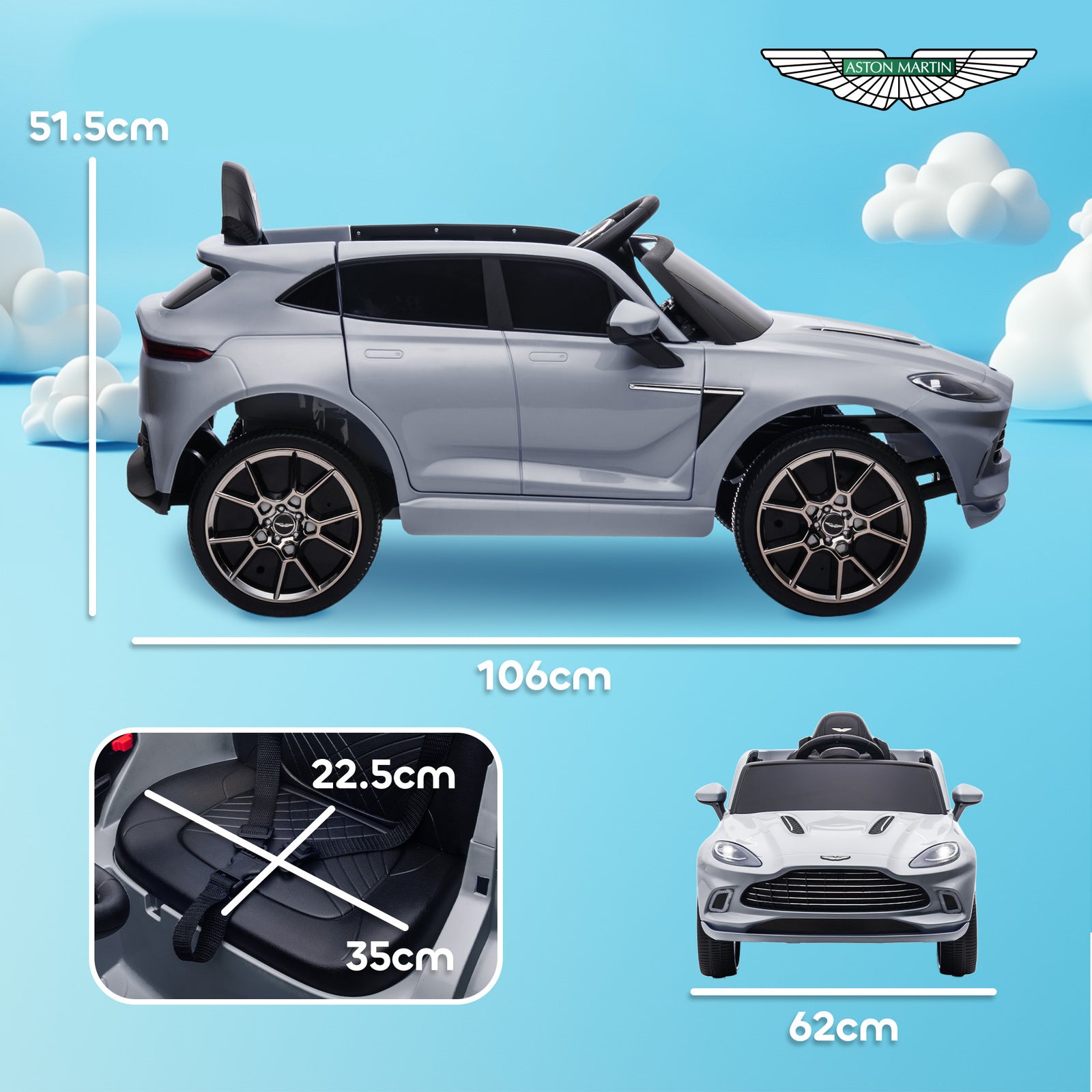 Aston Martin Dbx Licensed 12v Kids Ride On Car W/ 4 Suspension Wheels | Gray