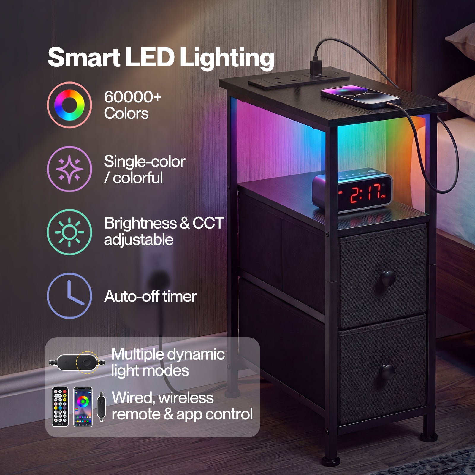 Bedside Table Narrow Side Table With Led Charging Station Storage Black | Black