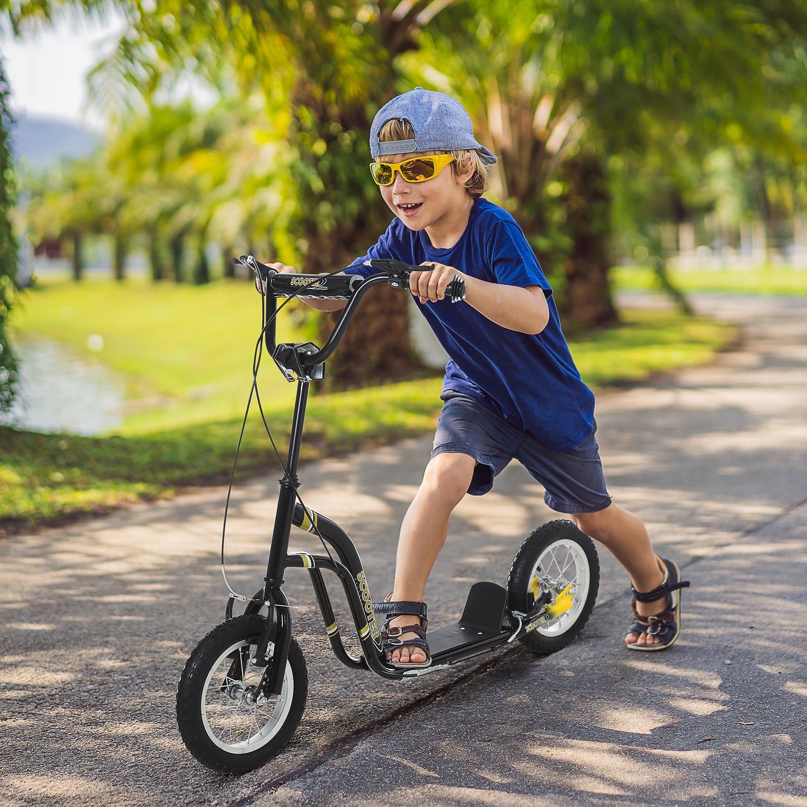 Dual Brakes Kick Scooter 12-inch Inflatable Wheel Ride On Toy For Age 5+ | Black