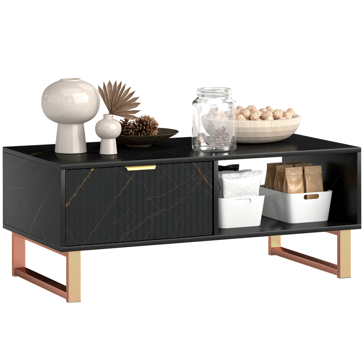 Coffee Table, Living Room Table With Drawer And Open Shelves | Black