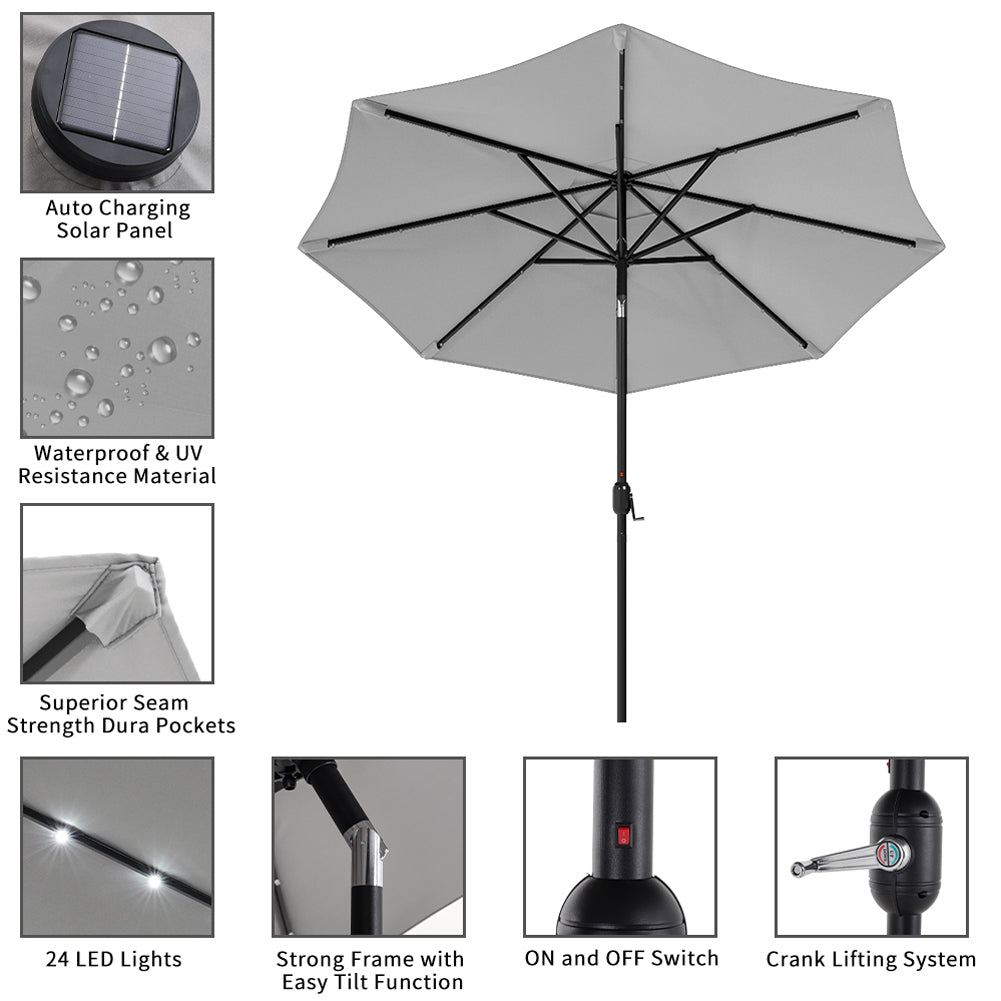3m Outdoor Patio Parasol – Solar-powered Umbrella With 24 Led Lights, Tilt & Crank Handle, Without Base | One Size | Light Grey