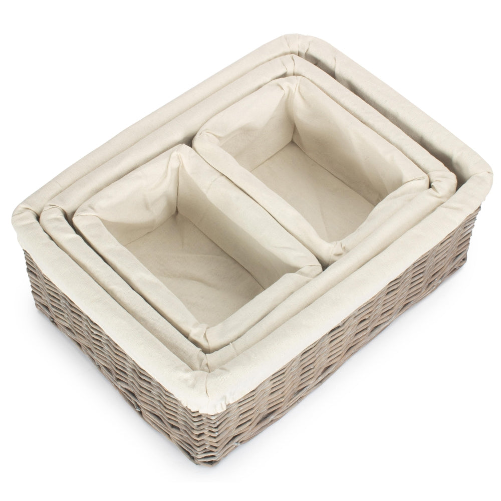 Set Of 4 Wicker Grey Wash Lined Storage Tray